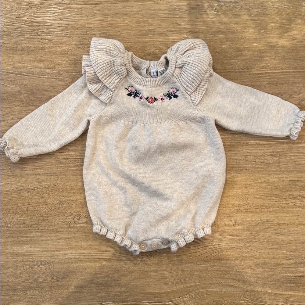 Cream Baby Romper with Floral Embroidery